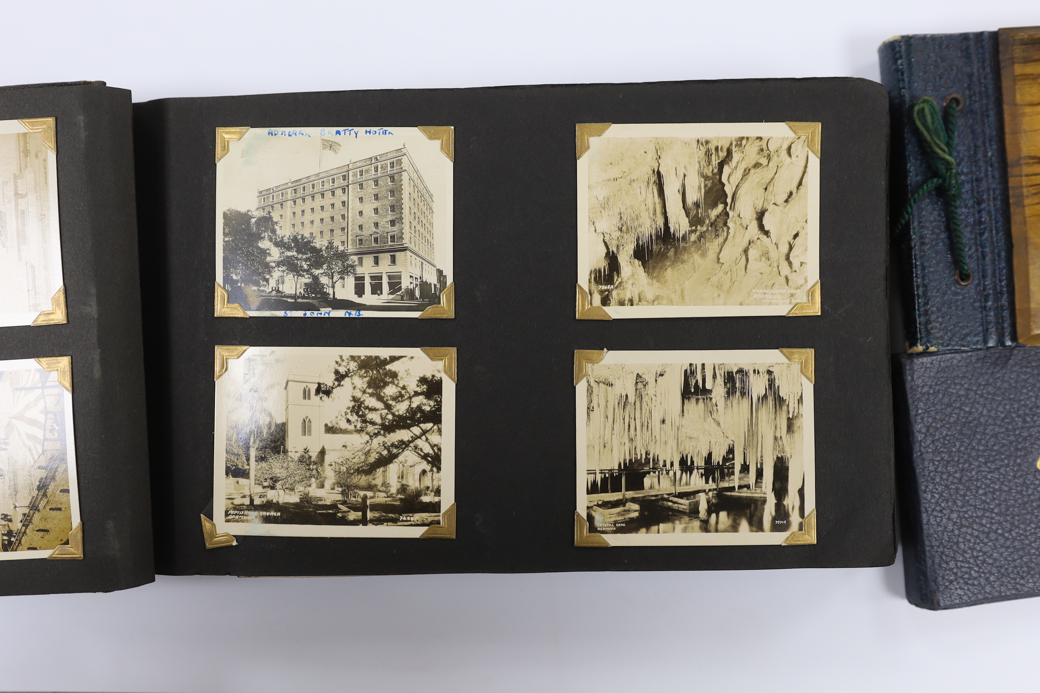 Two albums of early 20th century postcards and black and white photographs, many with naval interest, including photographs of battleships, and naval manoeuvres, during the 1930s, scenes of Bermuda, portraits of soldiers